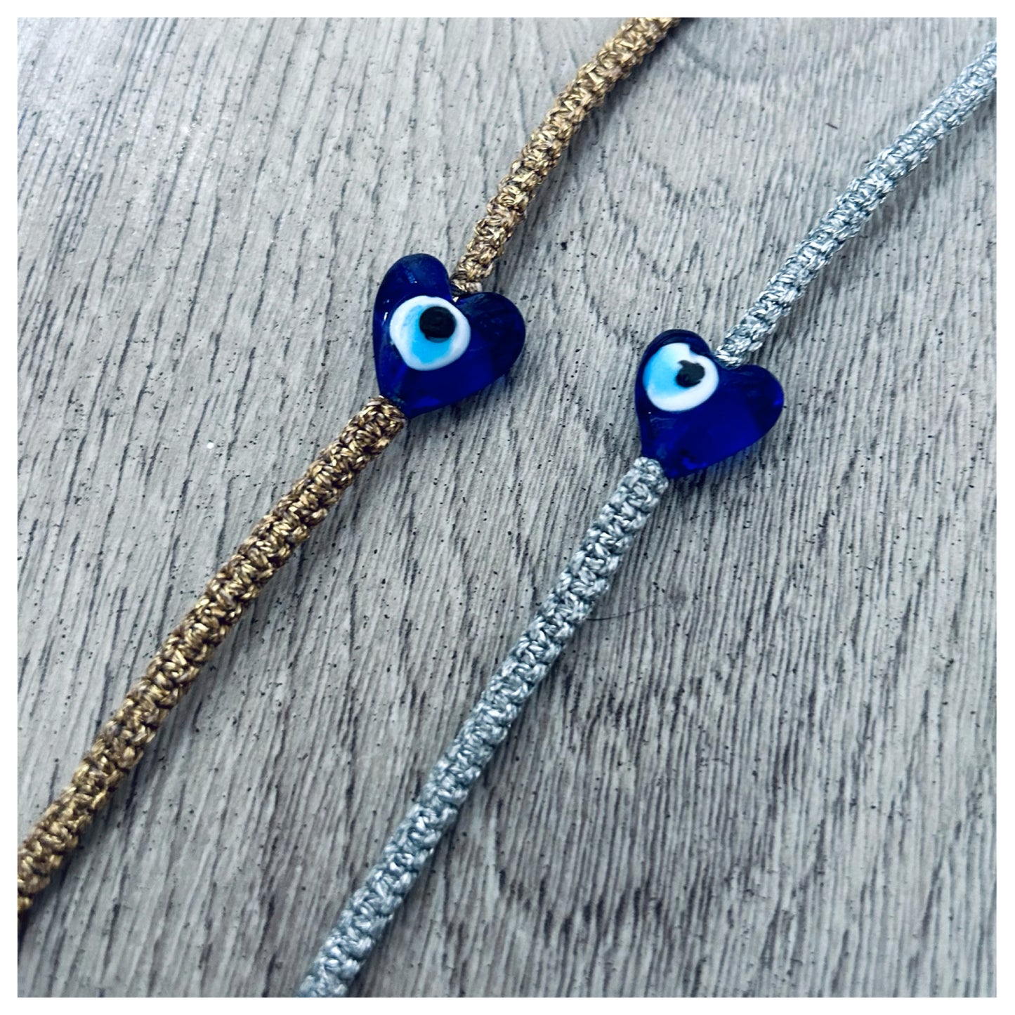METALLIC CORD BRACELET & GLASS EVIL EYE HEART