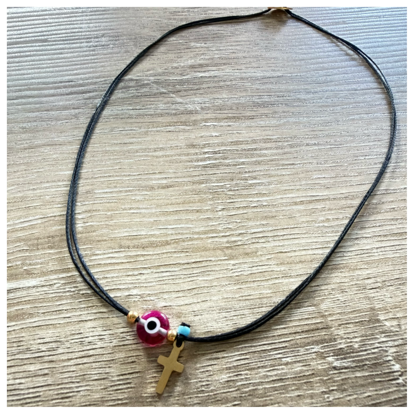 CHOKER WITH EVIL EYE BEAD AND GOLD CROSS