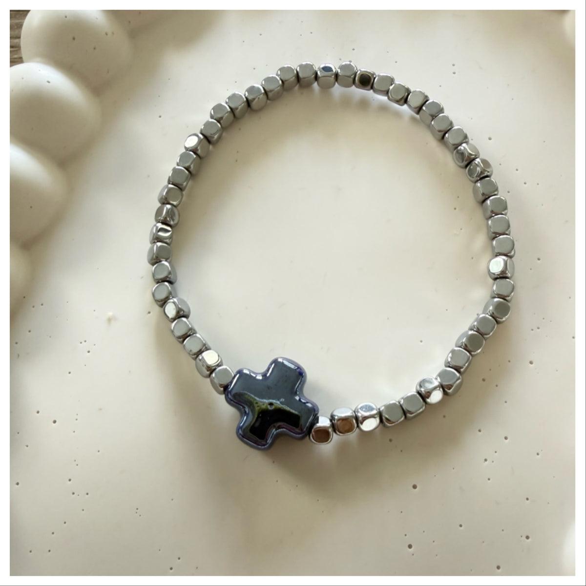 SILVER HEMATITE BRACELET & CERAMIC CROSS