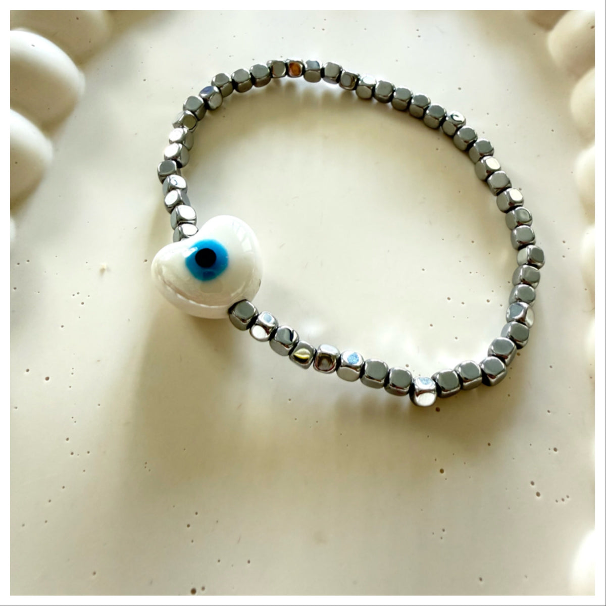 DARK SILVER HEMATITE BRACELET & CERAMIC HEART