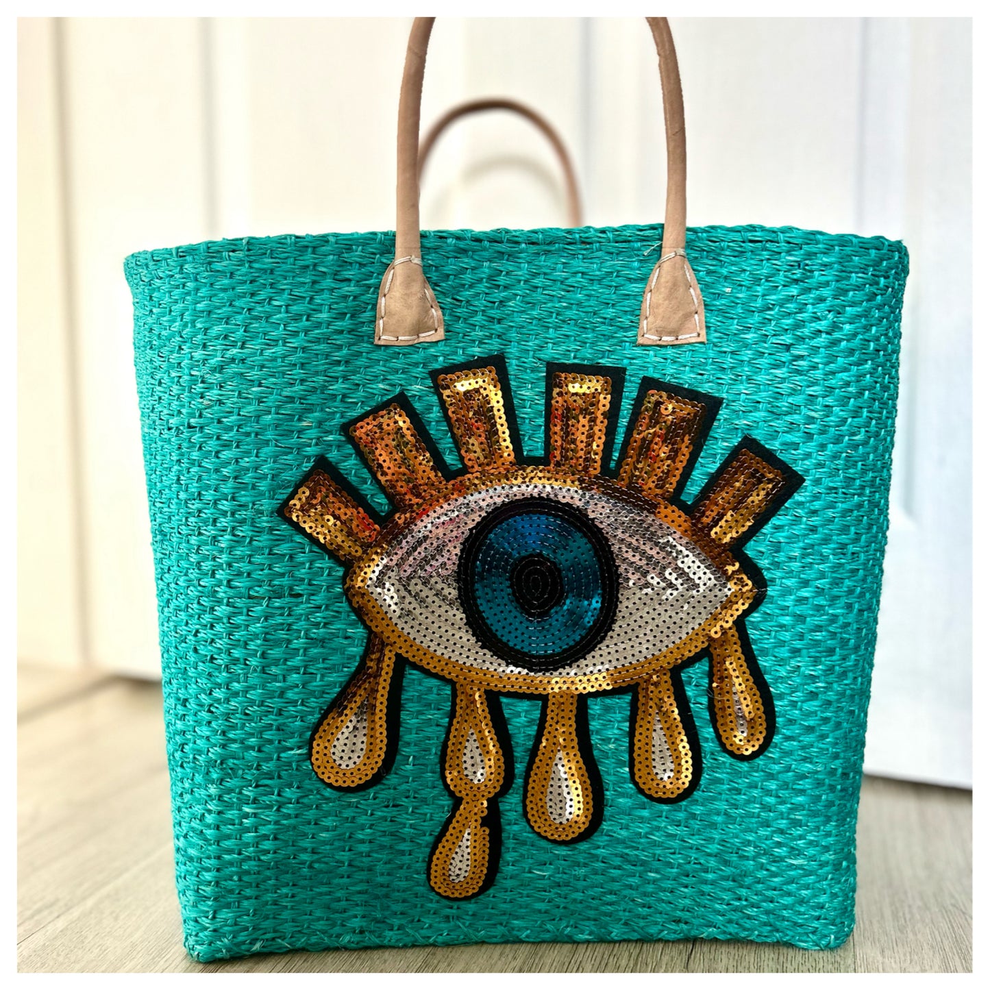 HANDMADE WOVEN BAG WITH LEATHER STRAPS-AQUA