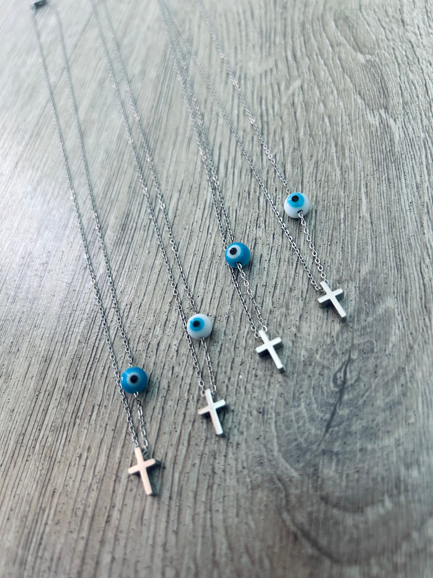 SILVER EVIL EYE & CROSS NECKLACE