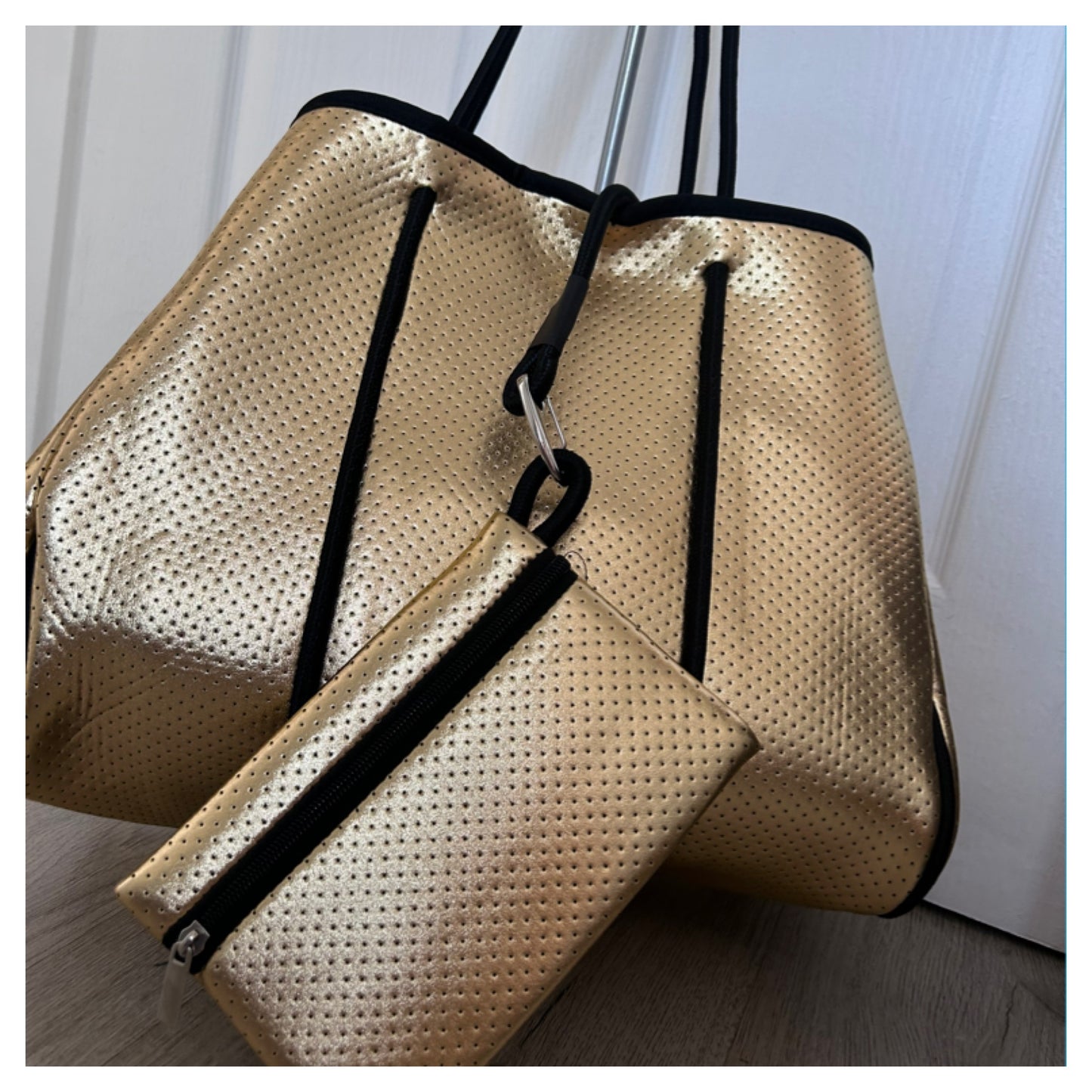 GOLD NEOPRENE TOTE WITH DETACHABLE CLUTCH BAG
