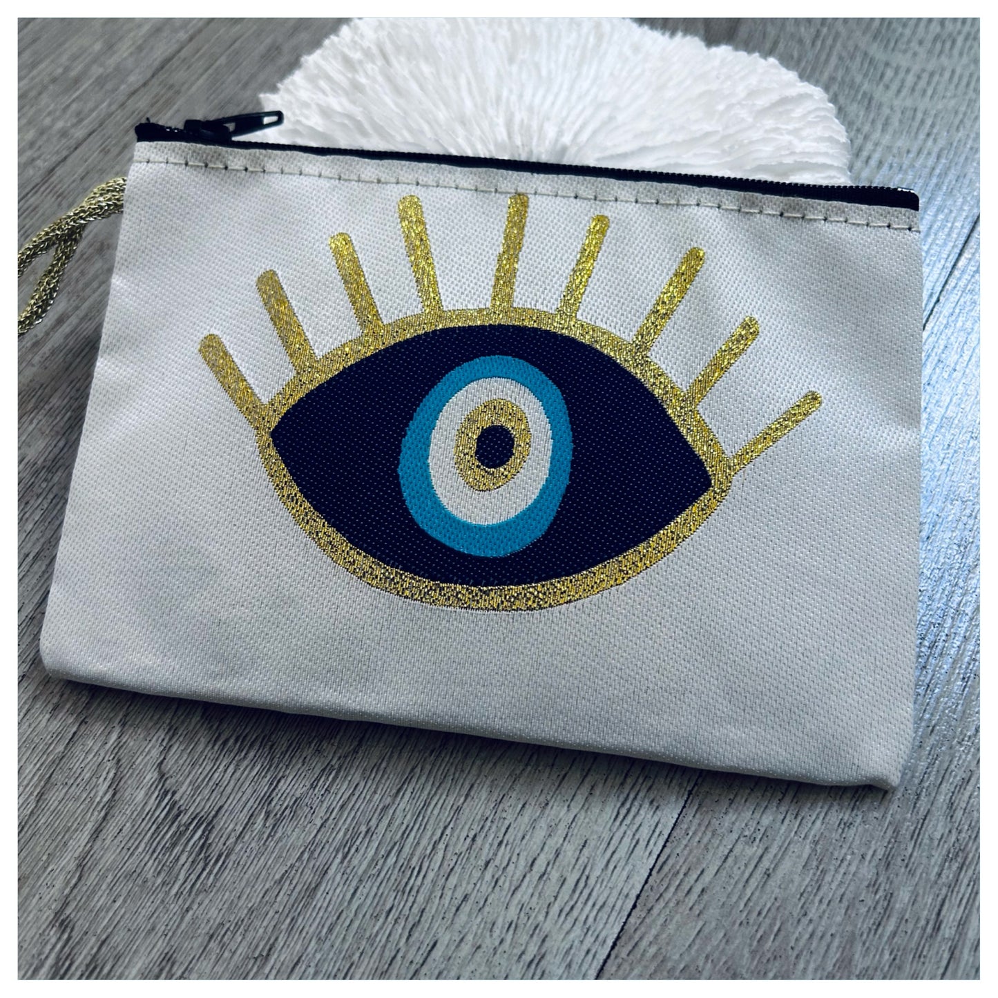 WHITE & GOLD EVIL EYE MAKE UP BAG