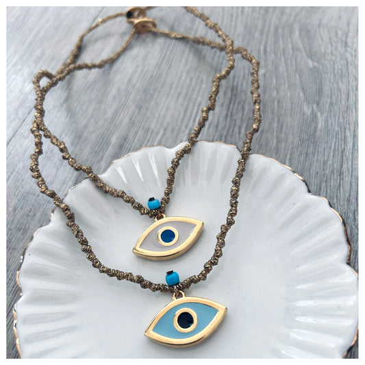 KNOTTED METALLIC CORD EVIL EYE CHOKER