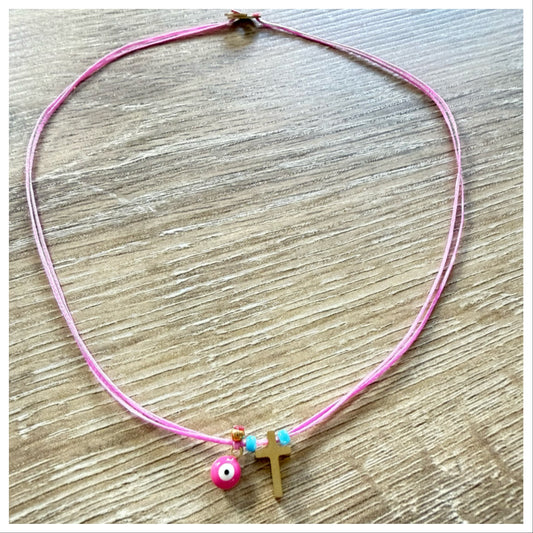 CHOKER WITH EVIL EYE CHARM & GOLD CROSS CHARM