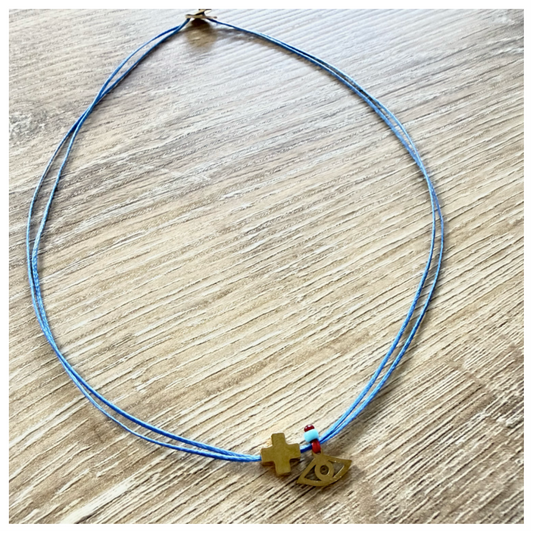 CHOKER WITH GOLD  EVIL EYE CHARM AND CROSS