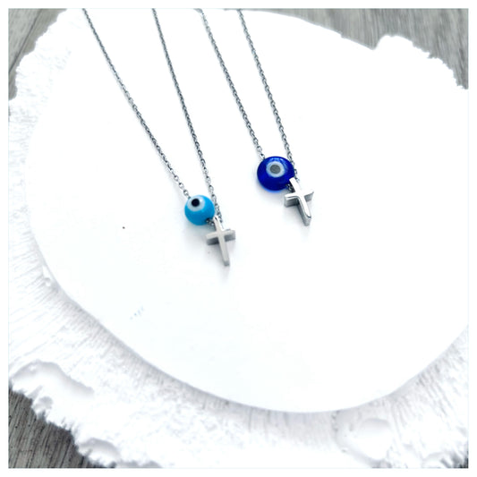 SILVER CROSS & GLASS EVIL EYE BEAD ON  ADJUSTABLE CHAIN