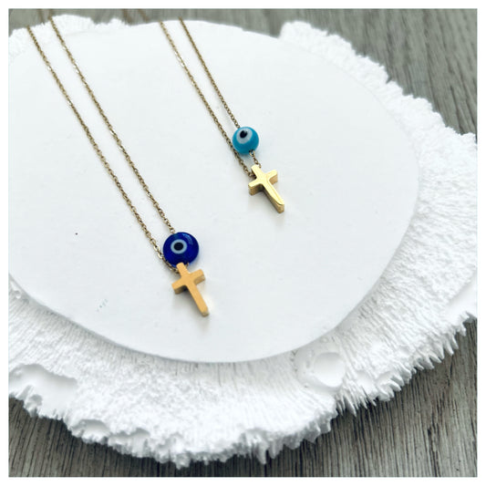 GOLD CROSS & GLASS EVIL EYE BEAD ON ADJUSTABLE CHAIN